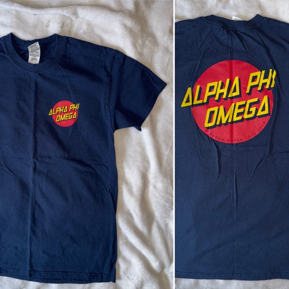 Alpha Phi Omega Skate Style Tee Navy Blue Short Sleeve Shirt w Red & Yellow Logo